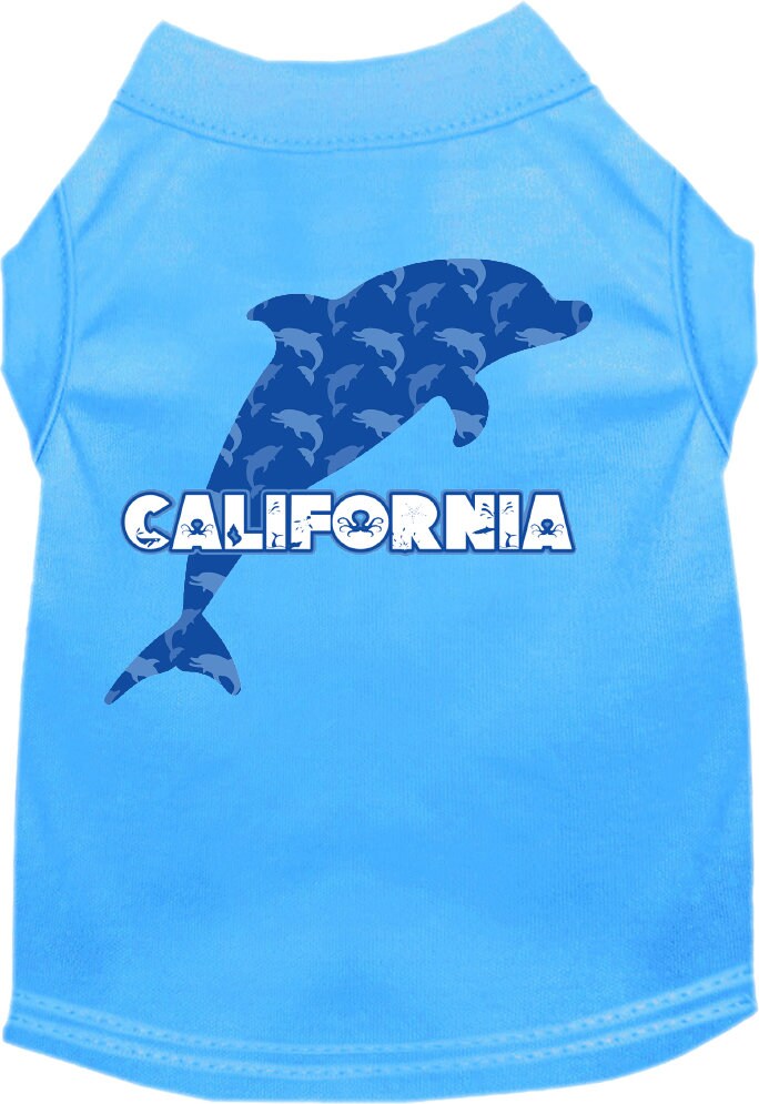 A medium to large pet wearing a soft, screen printed shirt featuring a California Blue Dolphins design, showcasing comfort and style.