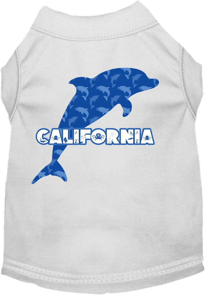A medium to large pet wearing a soft, screen printed shirt featuring a California Blue Dolphins design, showcasing comfort and style.