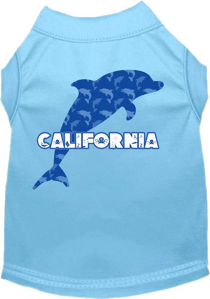 A medium to large pet wearing a soft, screen printed shirt featuring a California Blue Dolphins design, showcasing comfort and style.
