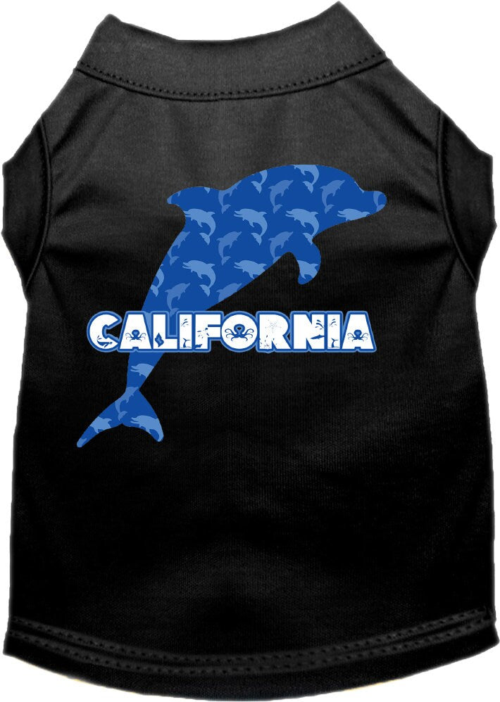A medium to large pet wearing a soft, screen printed shirt featuring a California Blue Dolphins design, showcasing comfort and style.