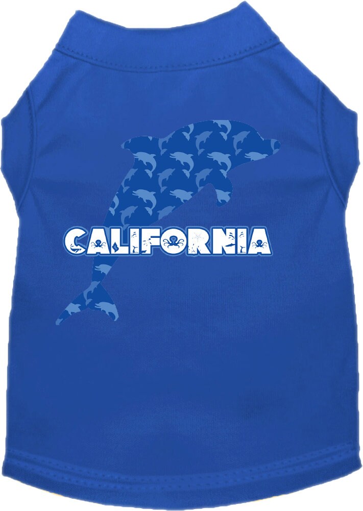 A medium to large pet wearing a soft, screen printed shirt featuring a California Blue Dolphins design, showcasing comfort and style.