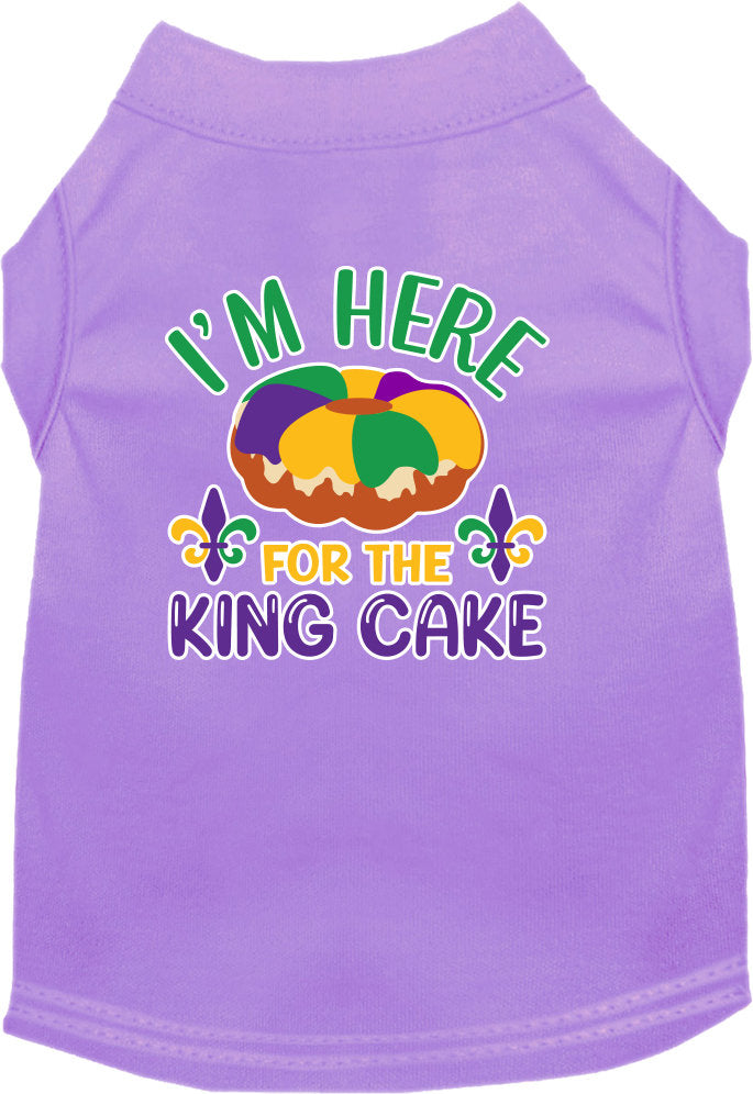 A medium to large pet wearing a soft, screen printed shirt that says 'I'm Here For The King Cake', showcasing its comfortable fit and festive design.