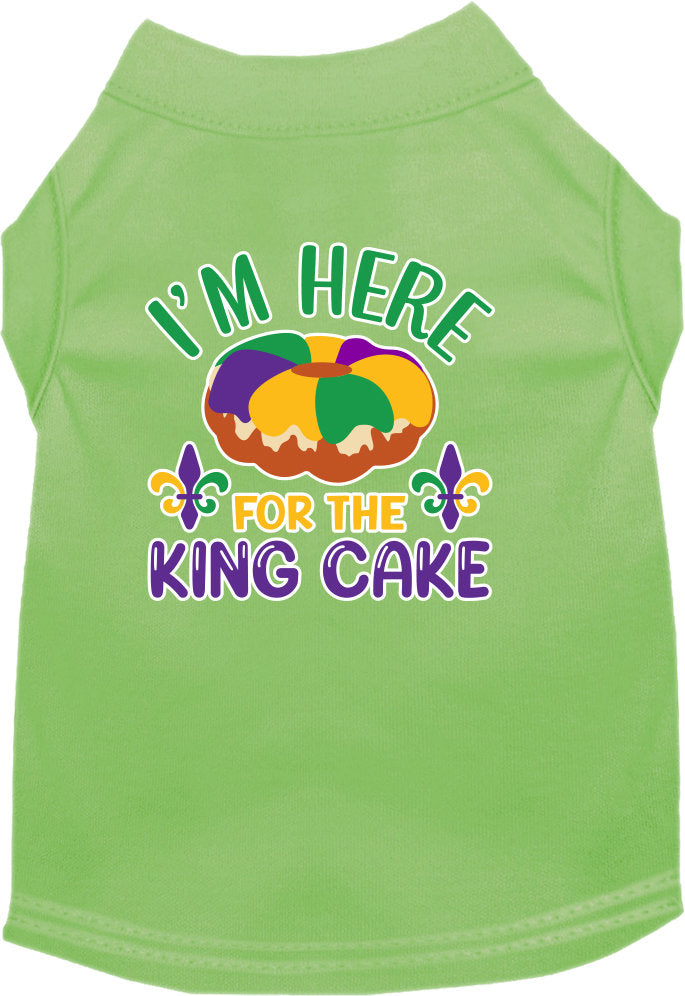 A medium to large pet wearing a soft, screen printed shirt that says 'I'm Here For The King Cake', showcasing its comfortable fit and festive design.