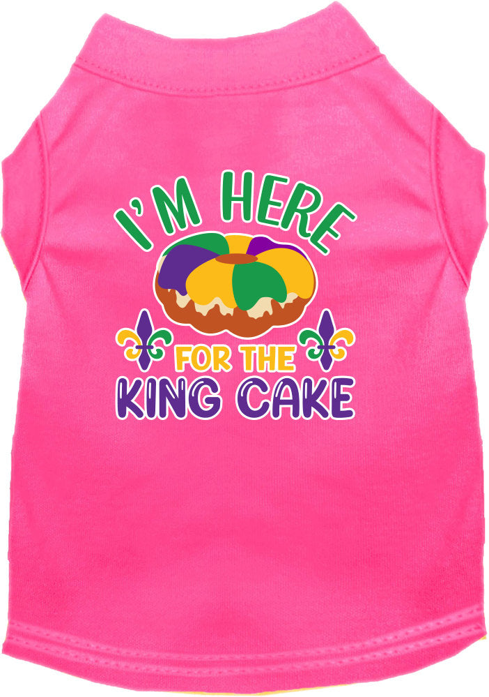 A medium to large pet wearing a soft, screen printed shirt that says 'I'm Here For The King Cake', showcasing its comfortable fit and festive design.
