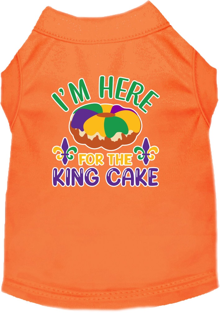 A medium to large pet wearing a soft, screen printed shirt that says 'I'm Here For The King Cake', showcasing its comfortable fit and festive design.