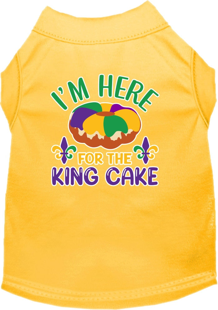 A medium to large pet wearing a soft, screen printed shirt that says 'I'm Here For The King Cake', showcasing its comfortable fit and festive design.