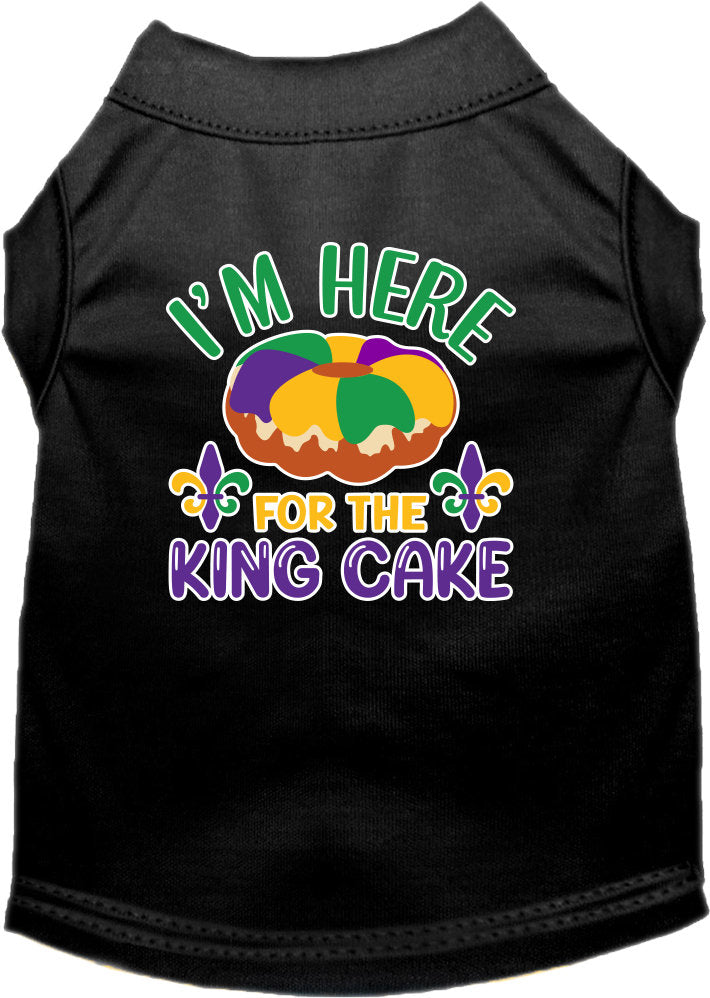 A medium to large pet wearing a soft, screen printed shirt that says 'I'm Here For The King Cake', showcasing its comfortable fit and festive design.