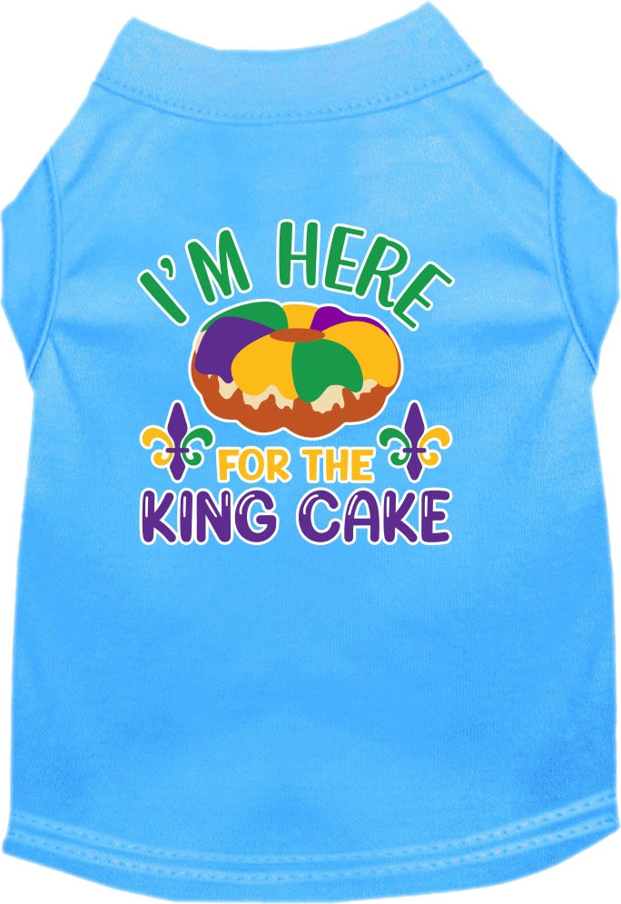 A medium to large pet wearing a soft, screen printed shirt that says 'I'm Here For The King Cake', showcasing its comfortable fit and festive design.
