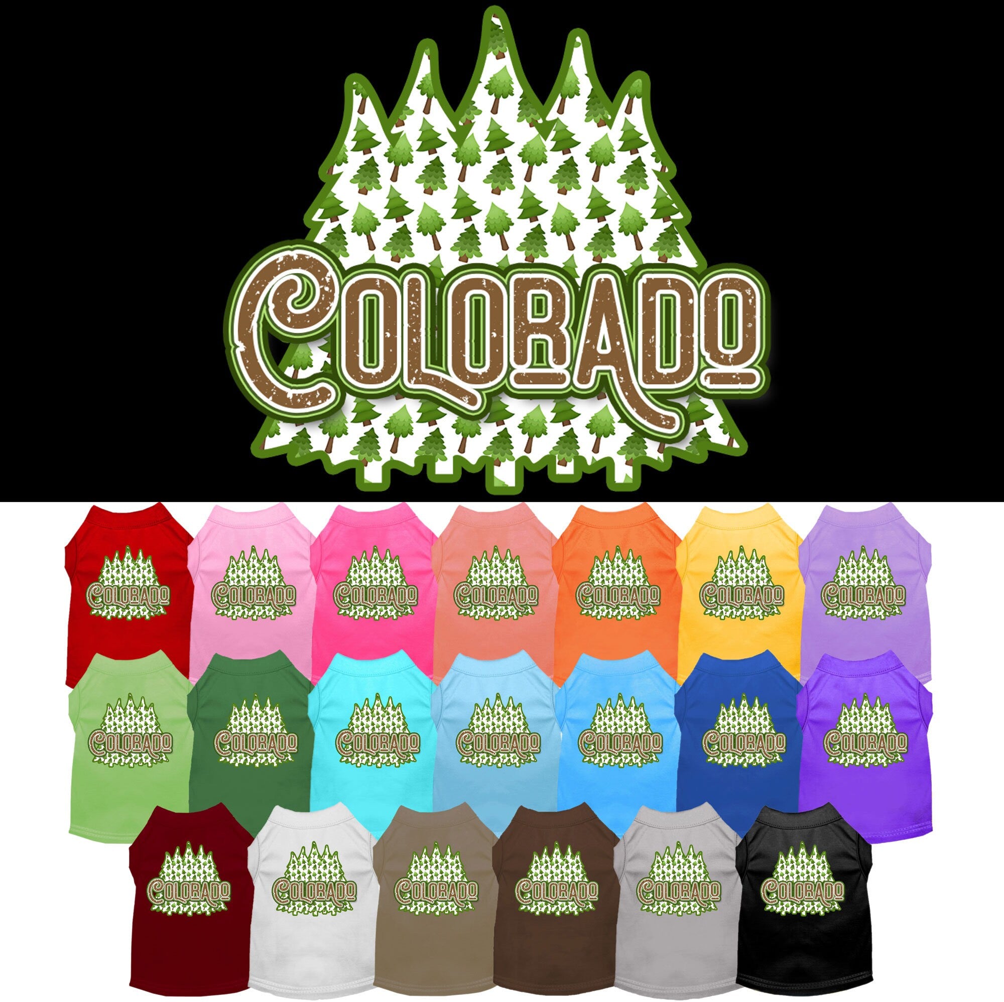 A medium to large pet wearing a stylish screen printed shirt featuring Colorado Woodland Trees design, showcasing comfort and durability.