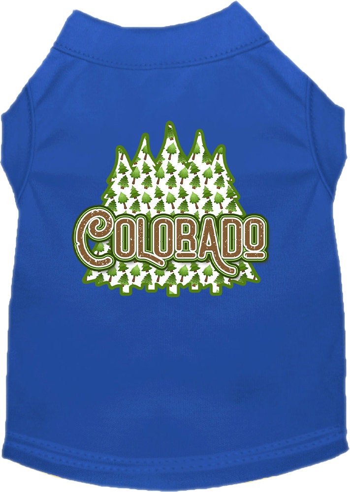 A medium to large pet wearing a stylish screen printed shirt featuring Colorado Woodland Trees design, showcasing comfort and durability.