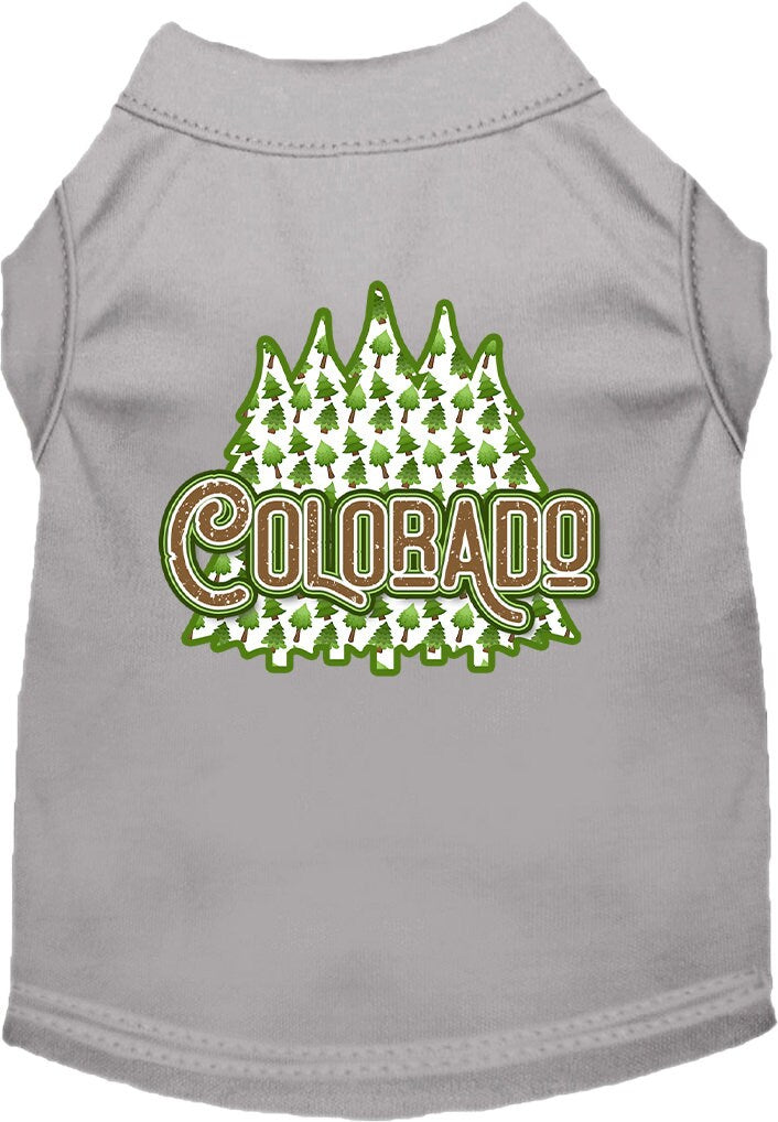 A medium to large pet wearing a stylish screen printed shirt featuring Colorado Woodland Trees design, showcasing comfort and durability.