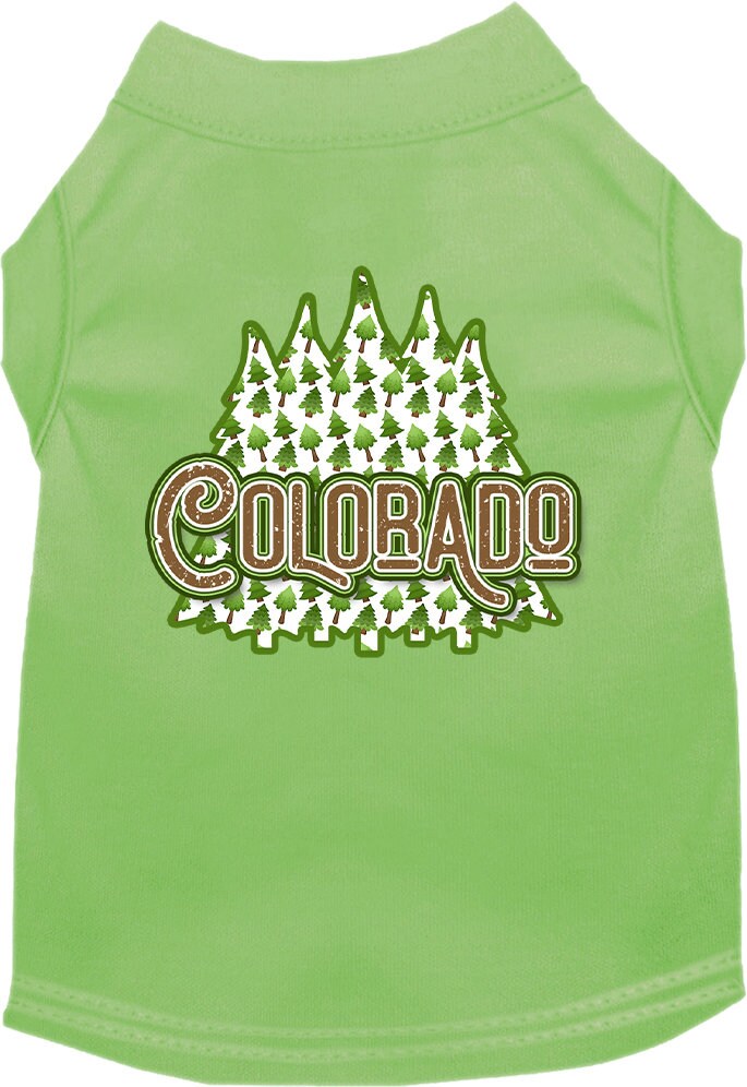 A medium to large pet wearing a stylish screen printed shirt featuring Colorado Woodland Trees design, showcasing comfort and durability.