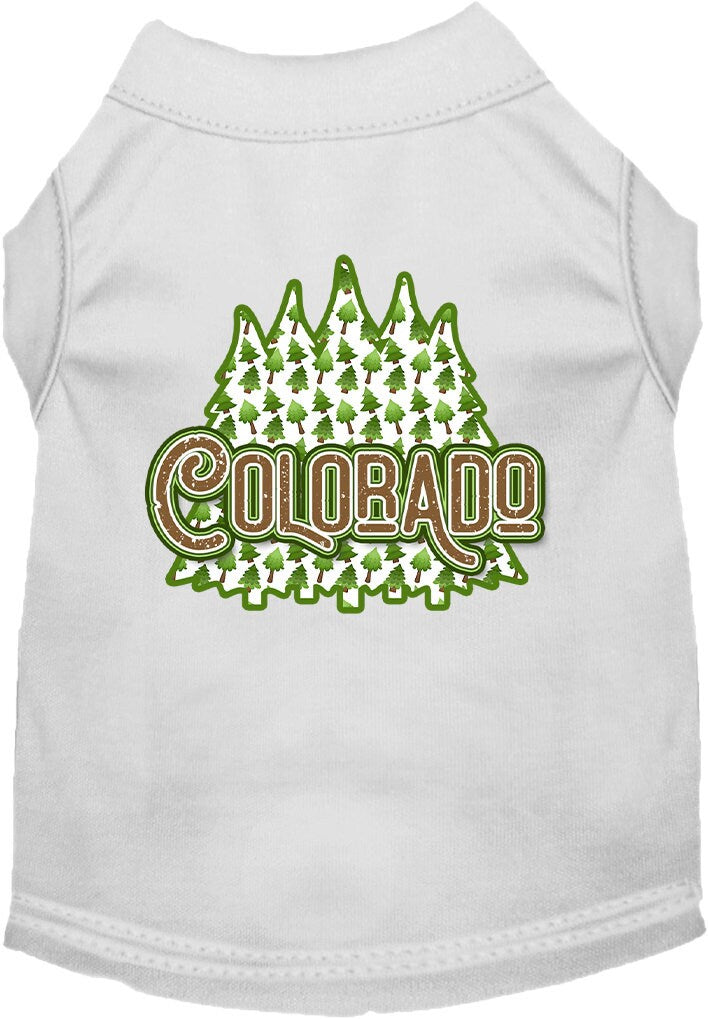 A medium to large pet wearing a stylish screen printed shirt featuring Colorado Woodland Trees design, showcasing comfort and durability.