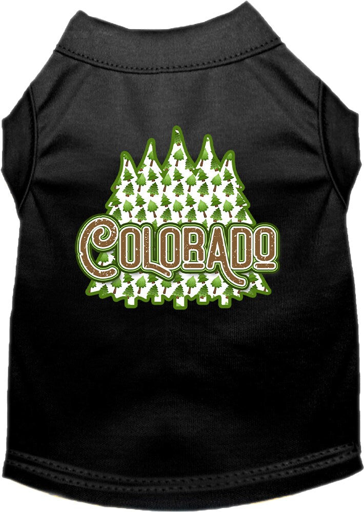 A medium to large pet wearing a stylish screen printed shirt featuring Colorado Woodland Trees design, showcasing comfort and durability.