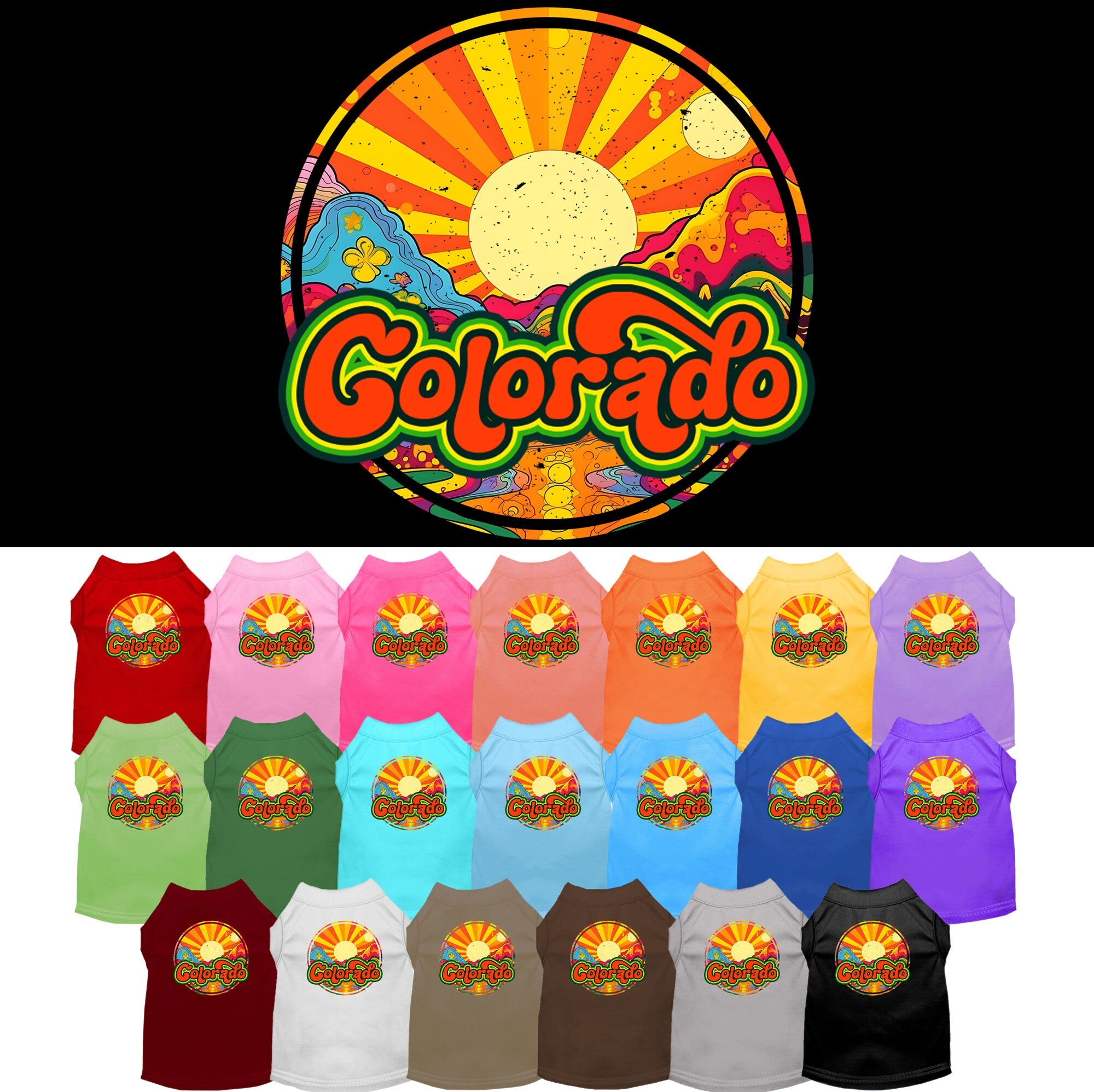 A medium to large pet wearing a soft, screen printed shirt featuring a Colorado Mellow Mountain design, showcasing comfort and style.