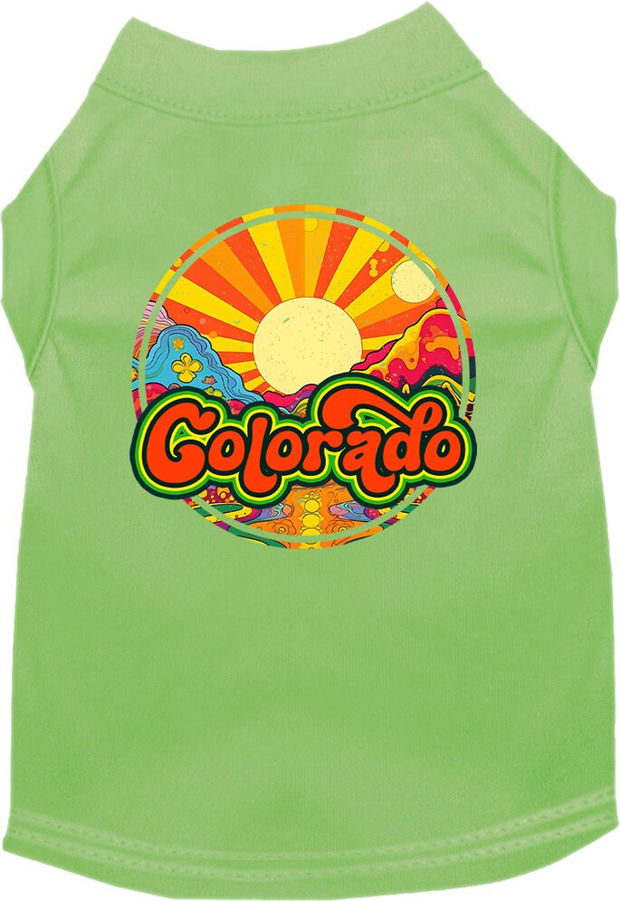 A medium to large pet wearing a soft, screen printed shirt featuring a Colorado Mellow Mountain design, showcasing comfort and style.