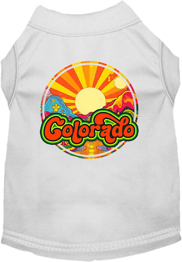A medium to large pet wearing a soft, screen printed shirt featuring a Colorado Mellow Mountain design, showcasing comfort and style.