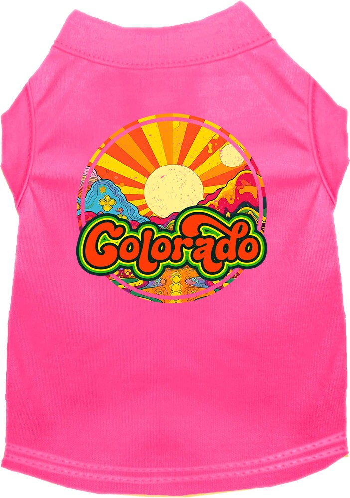 A medium to large pet wearing a soft, screen printed shirt featuring a Colorado Mellow Mountain design, showcasing comfort and style.