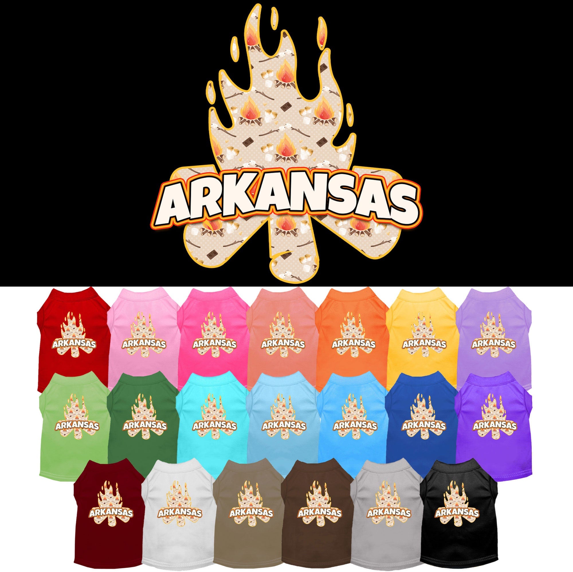A medium to large pet wearing a stylish screen printed shirt featuring the design 'Arkansas Around The Campfire', showcasing comfort and durability.