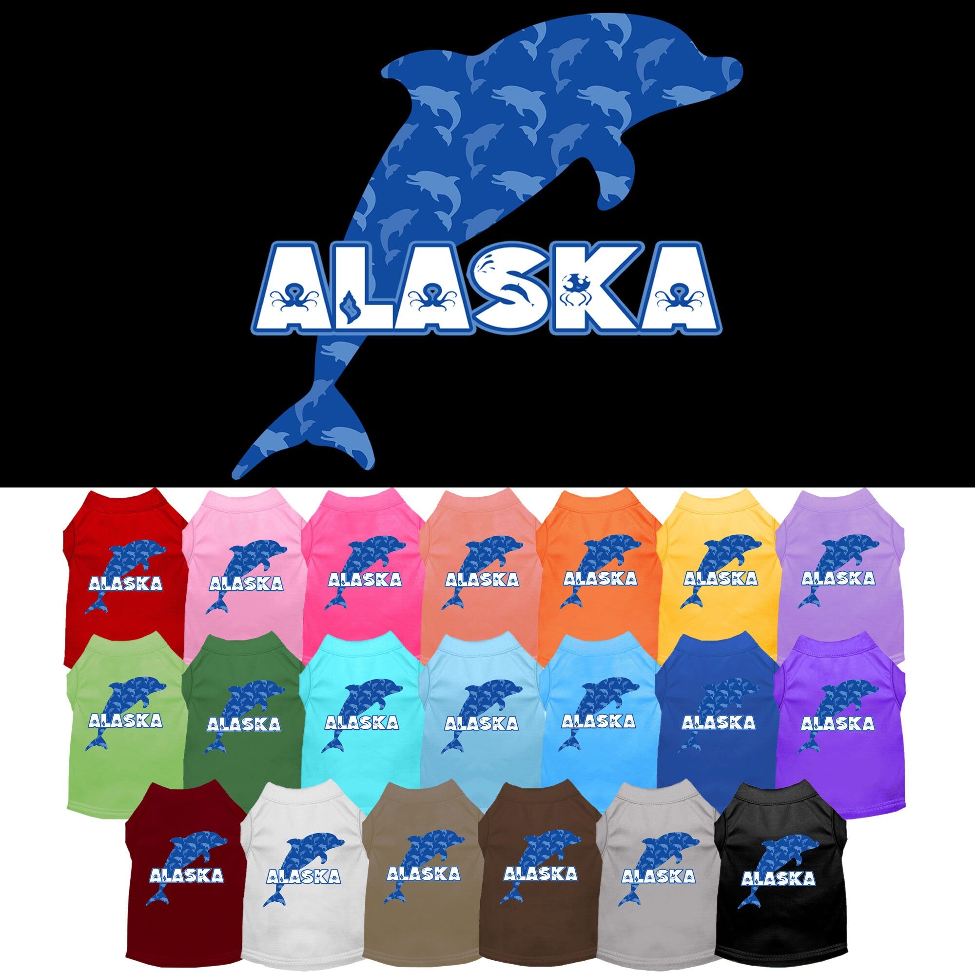 A medium to large pet wearing a soft, stylish screen printed shirt featuring Alaska Blue Dolphins design, showcasing comfort and durability.