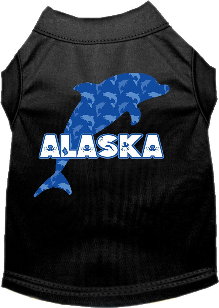 A medium to large pet wearing a soft, stylish screen printed shirt featuring Alaska Blue Dolphins design, showcasing comfort and durability.