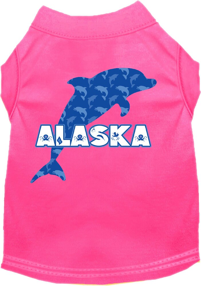 A medium to large pet wearing a soft, stylish screen printed shirt featuring Alaska Blue Dolphins design, showcasing comfort and durability.