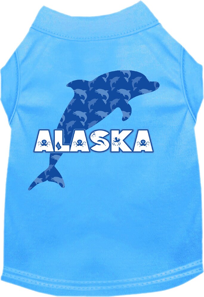A medium to large pet wearing a soft, stylish screen printed shirt featuring Alaska Blue Dolphins design, showcasing comfort and durability.