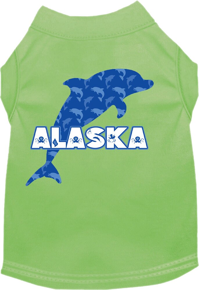 A medium to large pet wearing a soft, stylish screen printed shirt featuring Alaska Blue Dolphins design, showcasing comfort and durability.