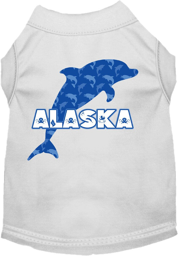 A medium to large pet wearing a soft, stylish screen printed shirt featuring Alaska Blue Dolphins design, showcasing comfort and durability.