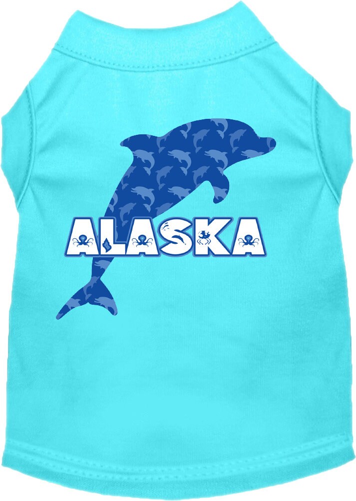 A medium to large pet wearing a soft, stylish screen printed shirt featuring Alaska Blue Dolphins design, showcasing comfort and durability.