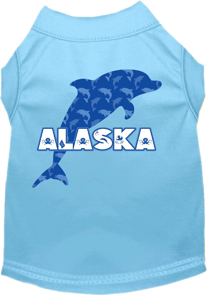 A medium to large pet wearing a soft, stylish screen printed shirt featuring Alaska Blue Dolphins design, showcasing comfort and durability.