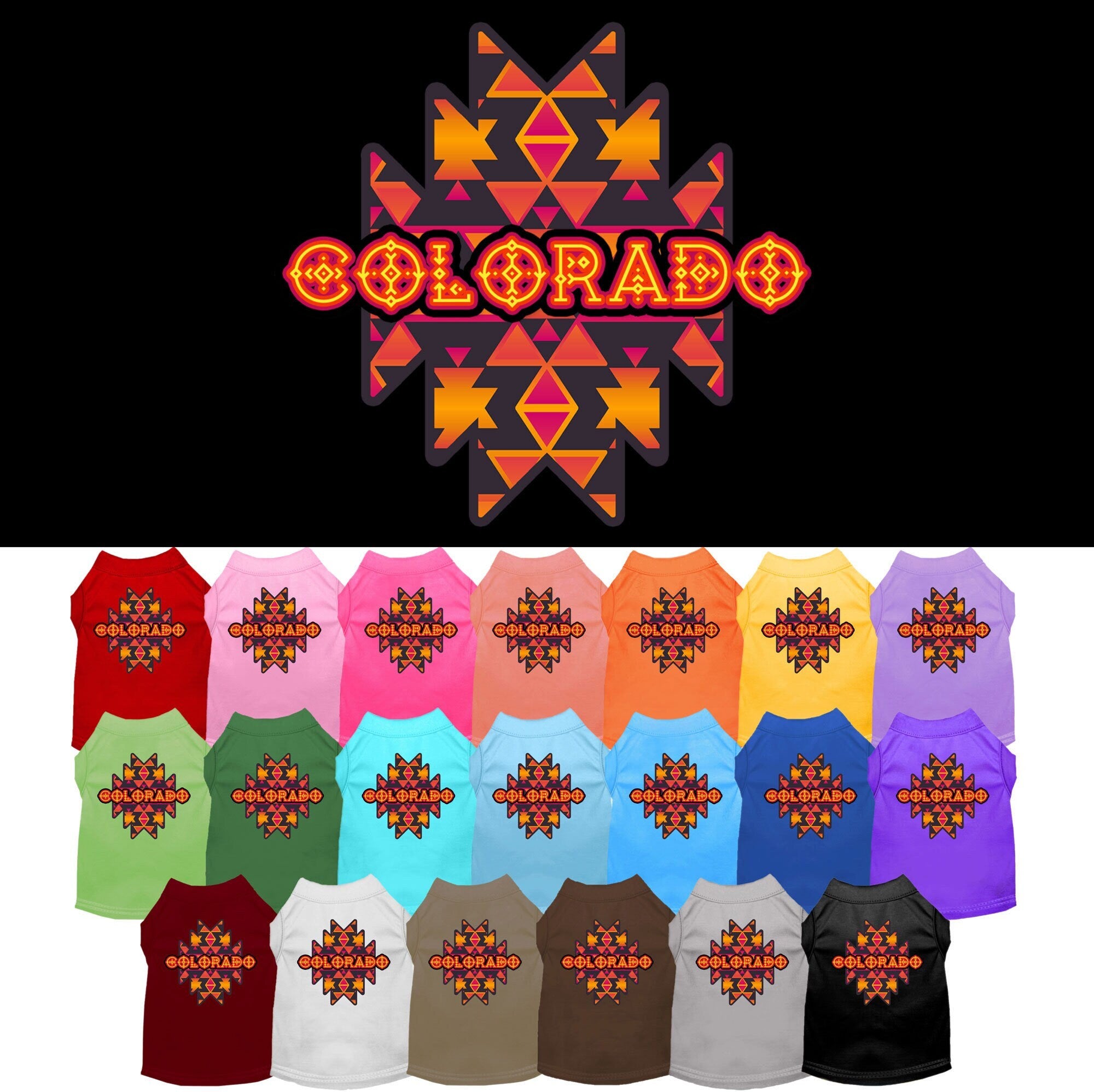 A medium to large pet wearing a stylish Colorado Navajo Tribal screen printed shirt, showcasing vibrant colors and a comfortable fit.