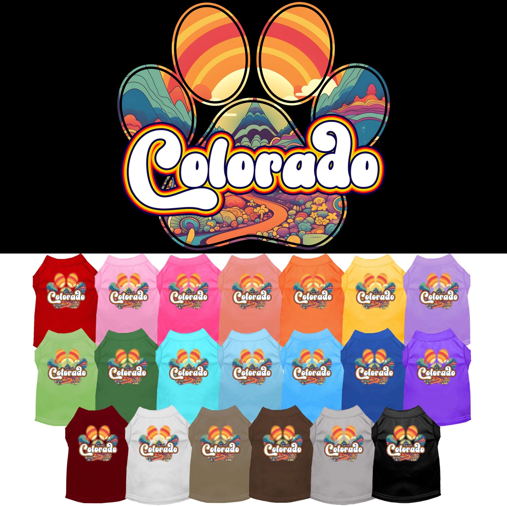 A medium to large pet wearing a colorful screen printed shirt with the design 'Colorado Groovy Summit', showcasing comfort and style.