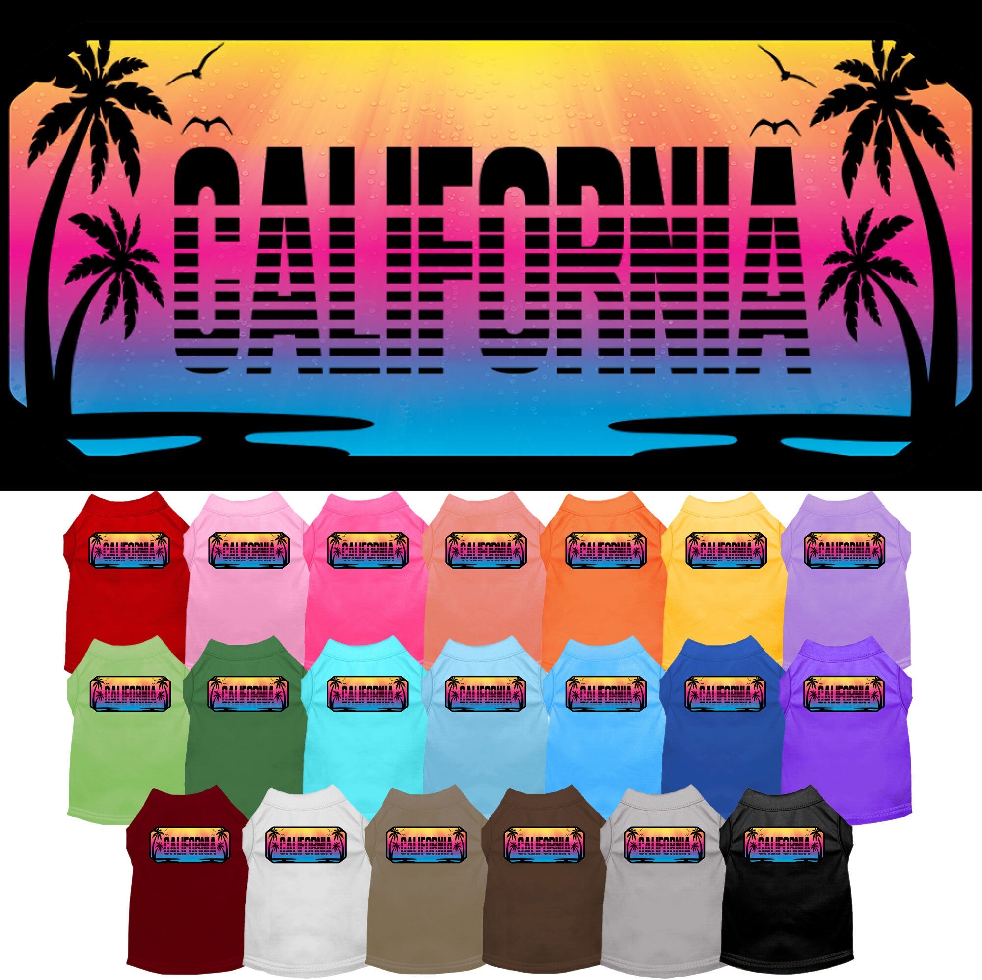 A medium to large pet wearing a stylish screen printed shirt with a California Beach Shades design, showcasing comfort and durability.
