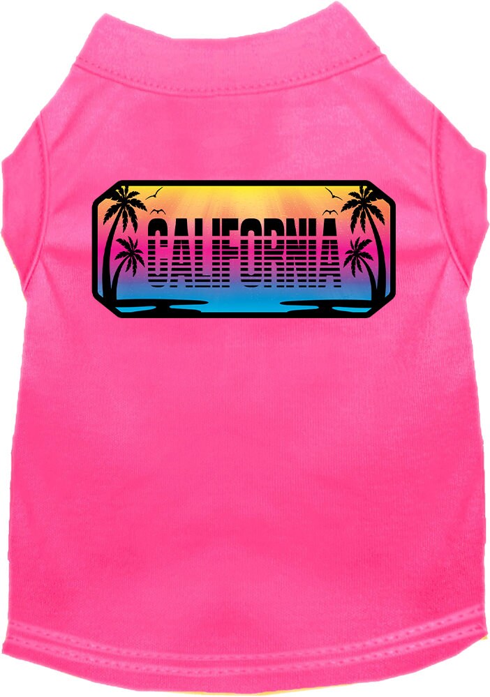 A medium to large pet wearing a stylish screen printed shirt with a California Beach Shades design, showcasing comfort and durability.