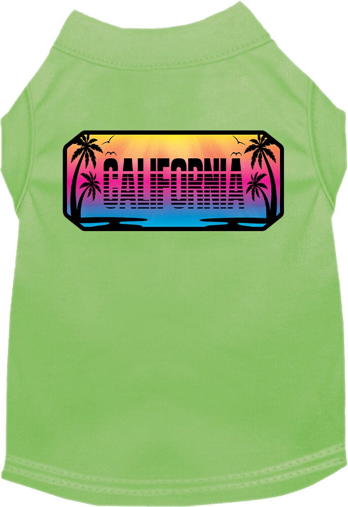 A medium to large pet wearing a stylish screen printed shirt with a California Beach Shades design, showcasing comfort and durability.