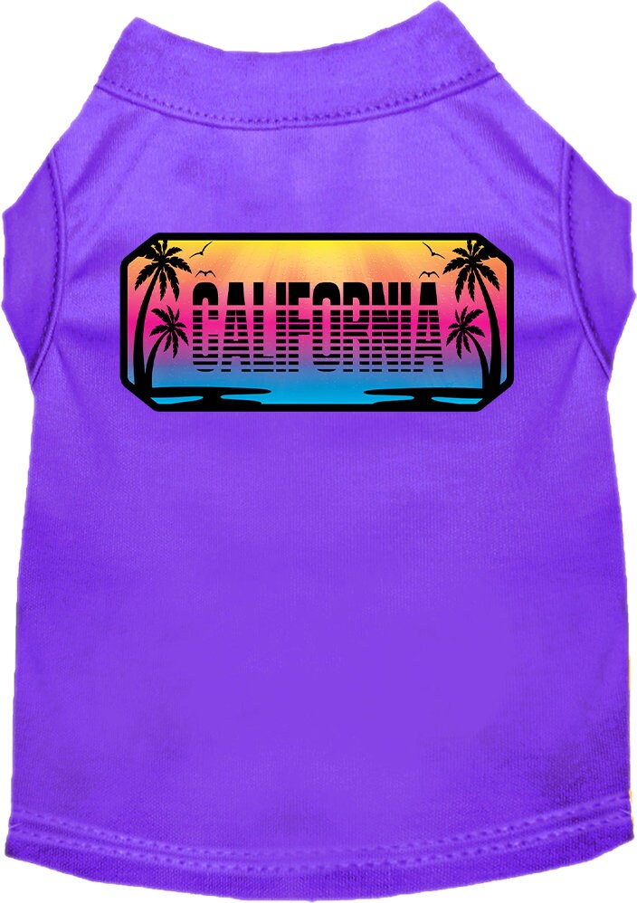 A medium to large pet wearing a stylish screen printed shirt with a California Beach Shades design, showcasing comfort and durability.