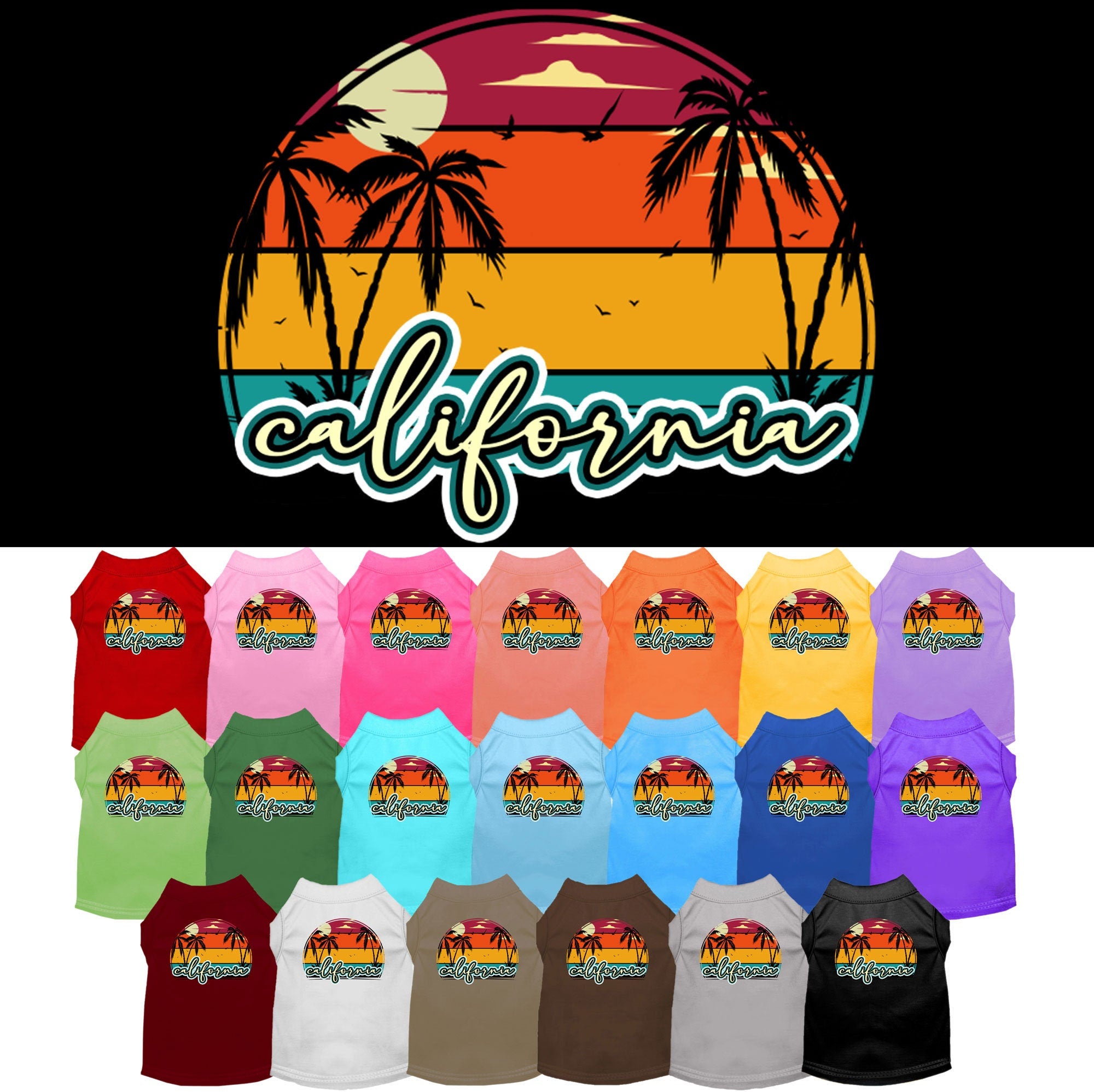 A medium to large pet wearing a California Retro Beach Sunset screen printed shirt, showcasing vibrant colors and a stylish design.