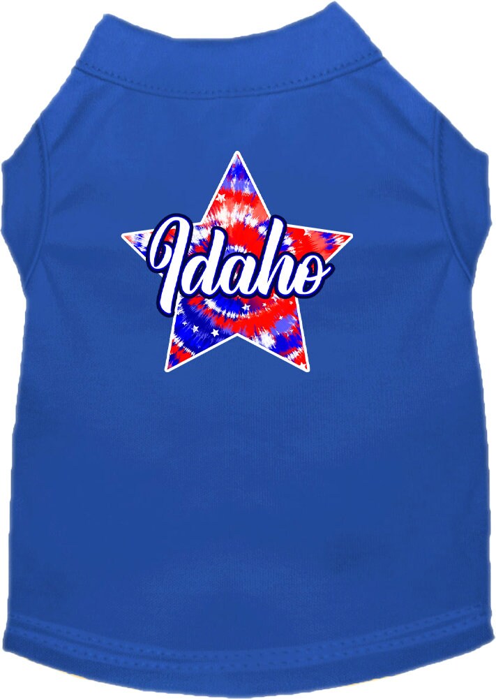 A medium to large pet wearing a colorful Idaho Patriotic Tie Dye shirt, showcasing a vibrant design perfect for stylish pets.