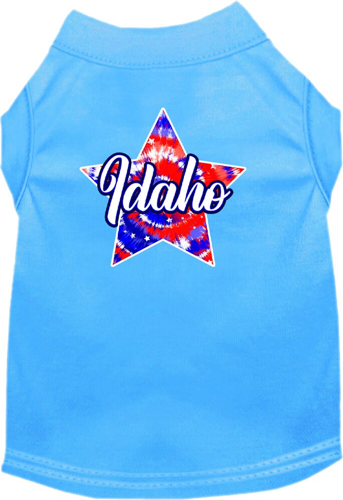 A medium to large pet wearing a colorful Idaho Patriotic Tie Dye shirt, showcasing a vibrant design perfect for stylish pets.