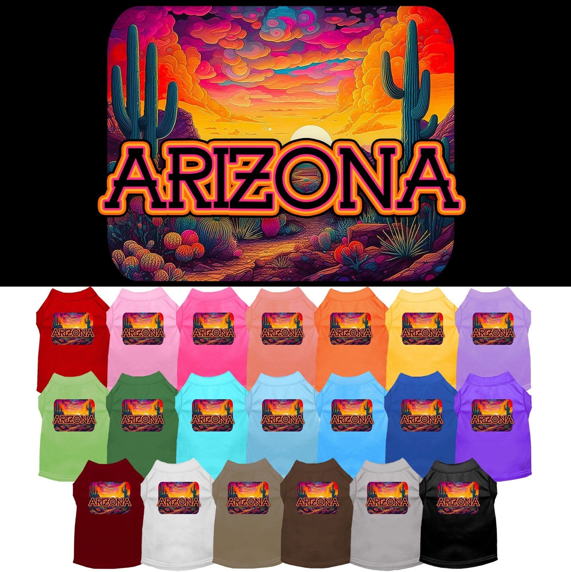 A vibrant Arizona Neon Desert screen printed shirt for medium to large dogs and cats, showcasing a colorful desert design.