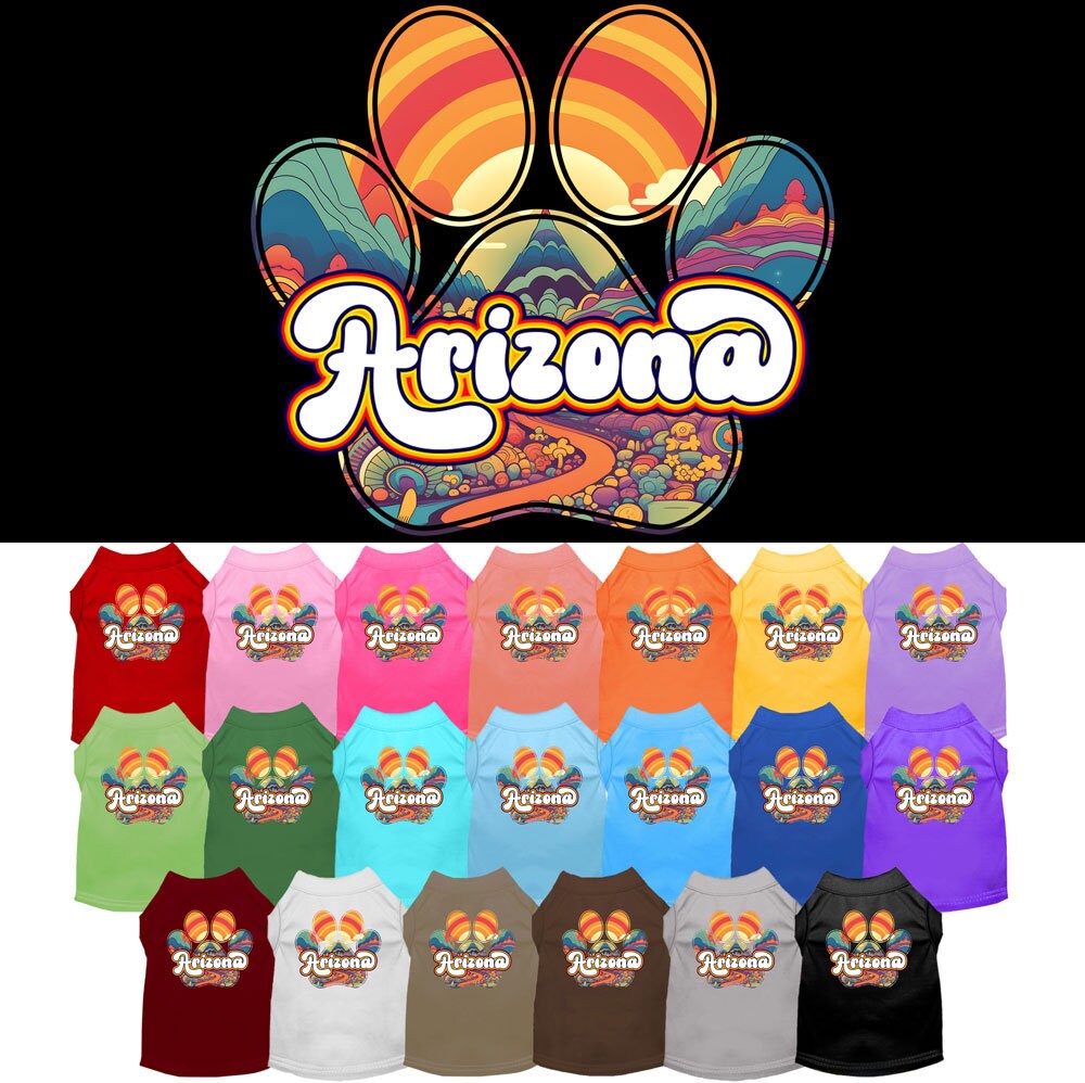 A stylish screen printed shirt for medium to large dogs and cats, featuring a vibrant 'Arizona Groovy Summit' design, showcasing comfort and durability.