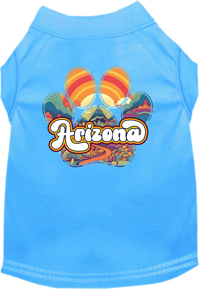 A stylish screen printed shirt for medium to large dogs and cats, featuring a vibrant 'Arizona Groovy Summit' design, showcasing comfort and durability.