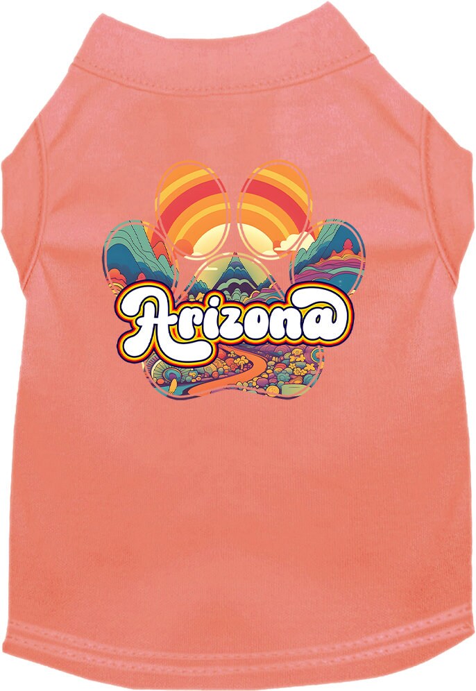 A stylish screen printed shirt for medium to large dogs and cats, featuring a vibrant 'Arizona Groovy Summit' design, showcasing comfort and durability.