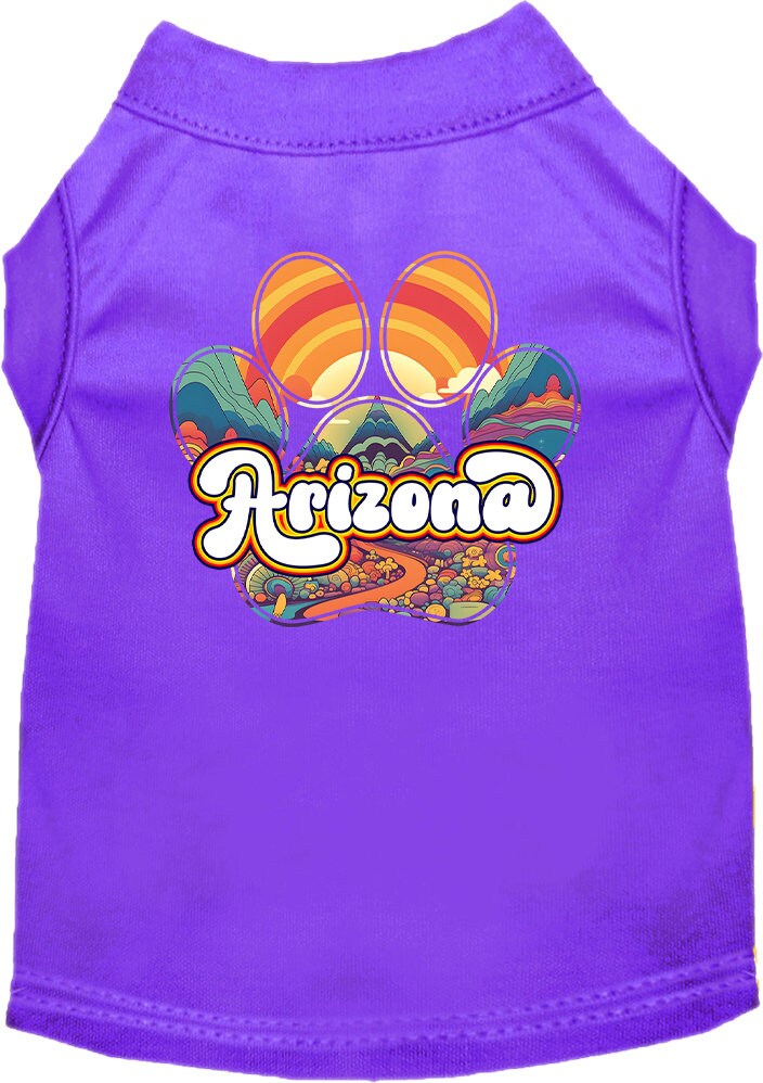 A stylish screen printed shirt for medium to large dogs and cats, featuring a vibrant 'Arizona Groovy Summit' design, showcasing comfort and durability.