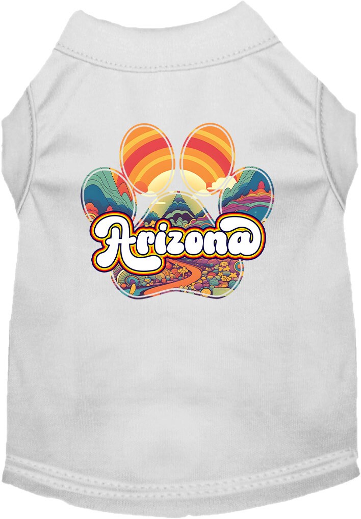 A stylish screen printed shirt for medium to large dogs and cats, featuring a vibrant 'Arizona Groovy Summit' design, showcasing comfort and durability.
