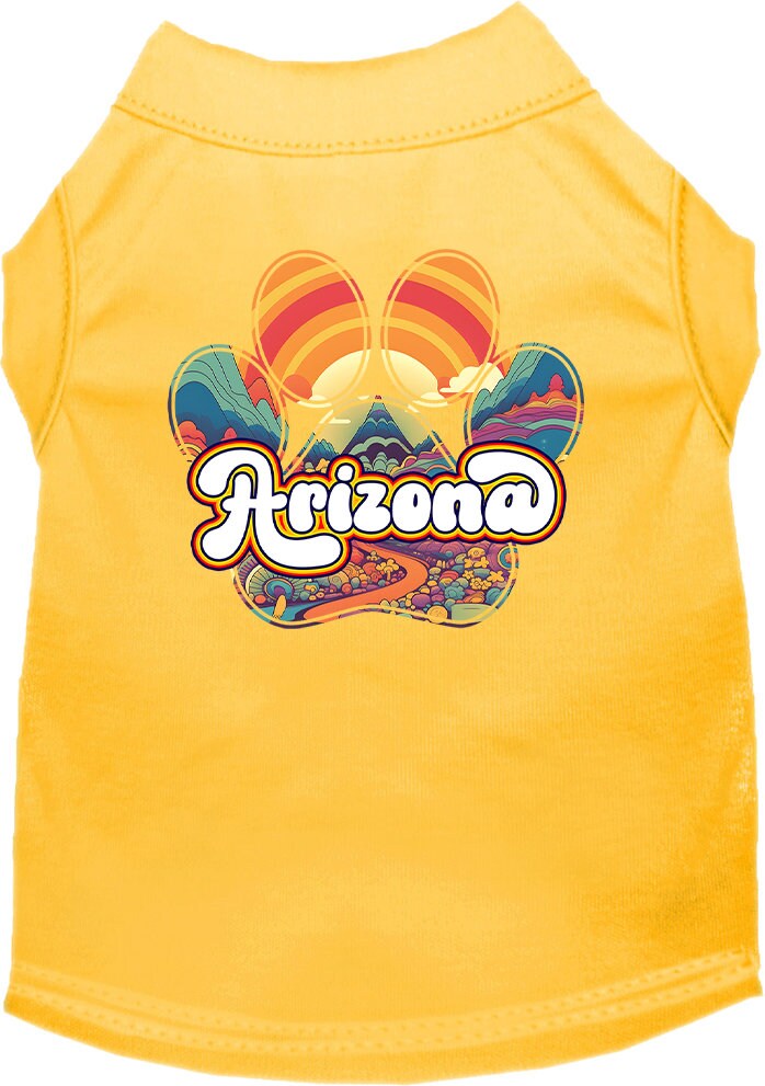 A stylish screen printed shirt for medium to large dogs and cats, featuring a vibrant 'Arizona Groovy Summit' design, showcasing comfort and durability.