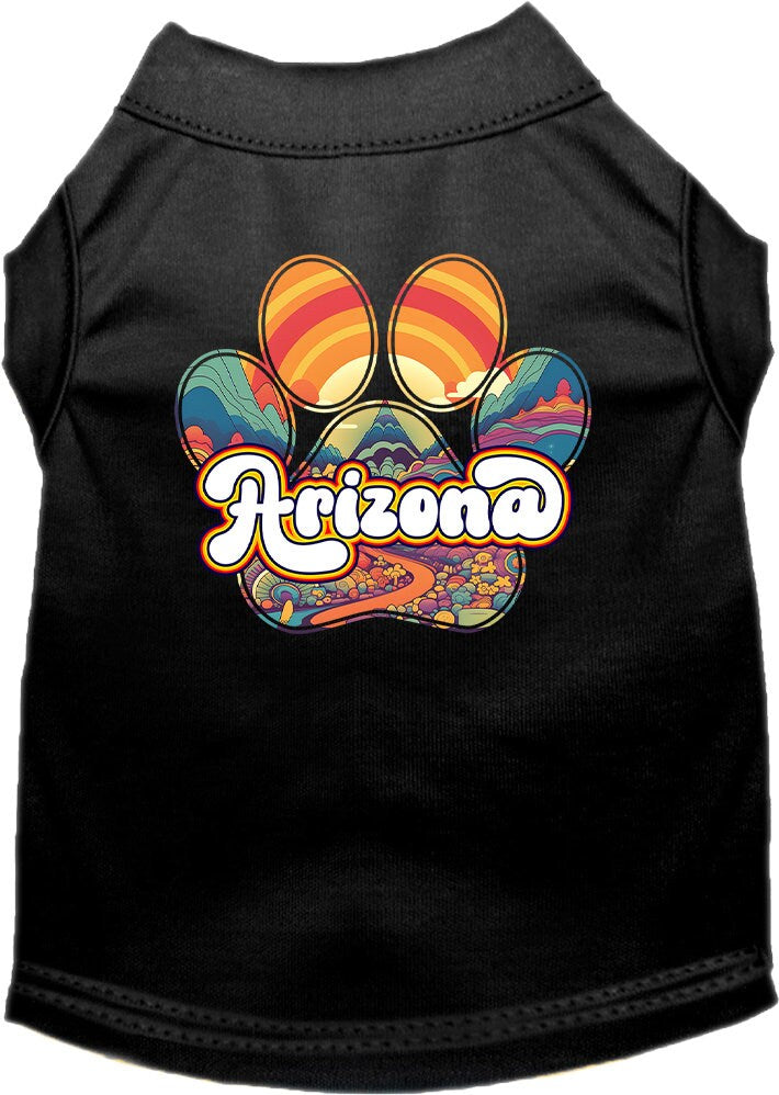 A stylish screen printed shirt for medium to large dogs and cats, featuring a vibrant 'Arizona Groovy Summit' design, showcasing comfort and durability.