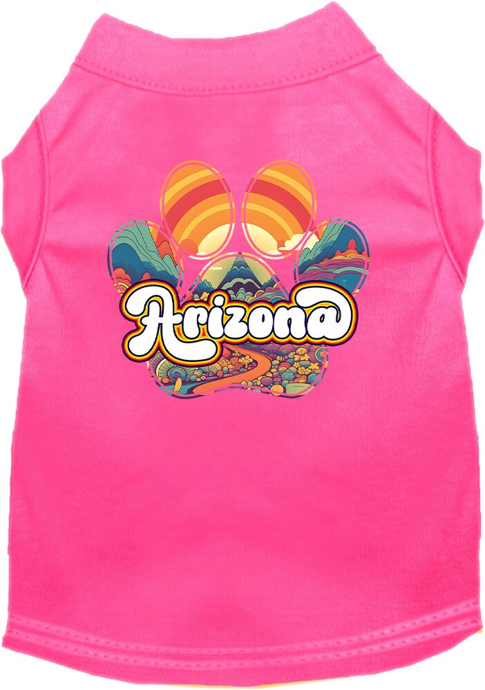 A stylish screen printed shirt for medium to large dogs and cats, featuring a vibrant 'Arizona Groovy Summit' design, showcasing comfort and durability.