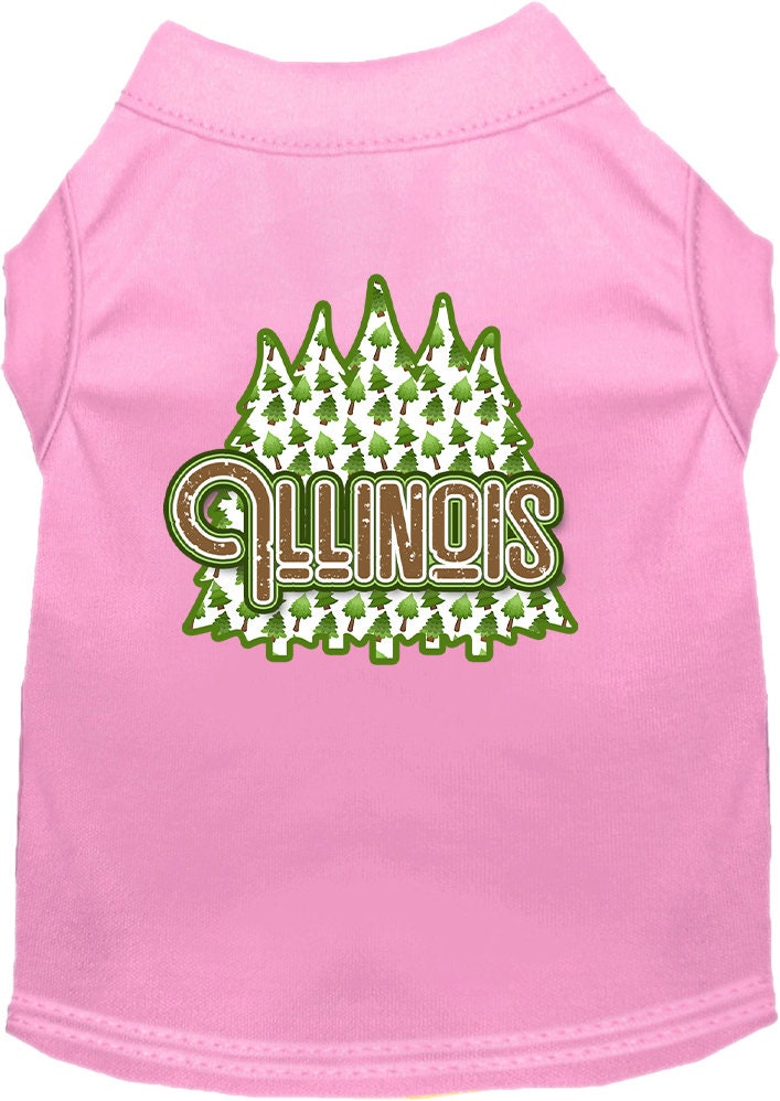 A medium to large pet wearing a stylish screen printed shirt featuring Illinois Woodland Trees design, showcasing comfort and durability.